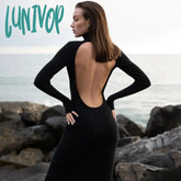 Lunivop Women Backless Hollow Out Casual Solid Dress Club Party Elegant Autumn Bodycon Streetwear